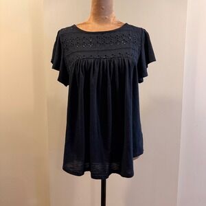 Society Girl Baby doll Top Womens M Black Eyelet Lace Flutter Sleeve Cottagecore